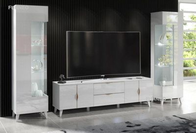 Furneo High Gloss & Matt White Living Room Set Tv Stand Display Cabinets Azzurro 10/12 White Led Lights - image 1