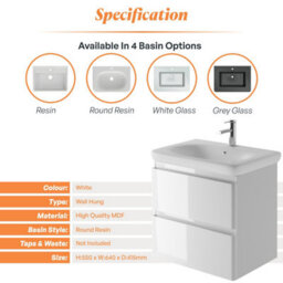 Plum&clay Marvel Gloss White Wall Hung Bathroom Vanity Unit With Round Resin Basin (W)600mm - thumbnail 5