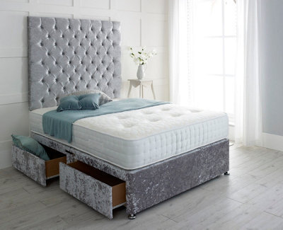 "Adore Designs Chesterfield Crushed Velvet Divan Bed, With Pocket Mattress & 36"" Headboard - 3Ft Single - Grey - 2 Drawers Same Side"