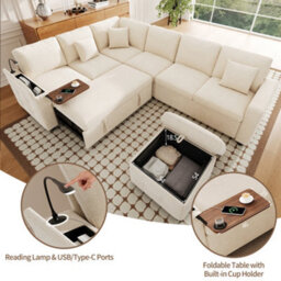 Btm Xxl L Shaped 7 Seater Corner Sofa Bed Pull Out Convertible Sofa Led Reading Light Usb C Ports Armrest Storage Grey - thumbnail 9