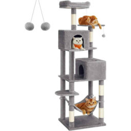 Extra Tall Cat Tree With Hammock, Multi-Level Cat Tower, 2 Caves And Scratching Posts, Light Grey - thumbnail 9