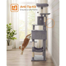 Extra Tall Cat Tree With Hammock, Multi-Level Cat Tower, 2 Caves And Scratching Posts, Light Grey - thumbnail 8