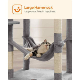 Extra Tall Cat Tree With Hammock, Multi-Level Cat Tower, 2 Caves And Scratching Posts, Light Grey - thumbnail 6