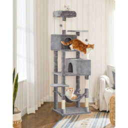 Extra Tall Cat Tree With Hammock, Multi-Level Cat Tower, 2 Caves And Scratching Posts, Light Grey