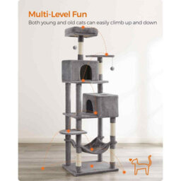 Extra Tall Cat Tree With Hammock, Multi-Level Cat Tower, 2 Caves And Scratching Posts, Light Grey - thumbnail 3