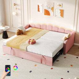 Btm 3Ft Petalshaped Upholstered Daybed With Trundle, Rgb Led Lights, Velvet Sofa Bed, Pink (No Mattress)
