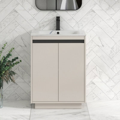 Royal Bathrooms Orion 600mm Warm Taupe 2 Door Floor Standing Bathroom Vanity Unit With Carrara White Basin & Black Accent Trim - image 1