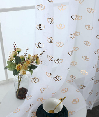 "Curtains at Home 1 Pair (2) Sheer Rose Gold Metallic Entwined Heart Voile Panels - 90"" (229Cm) Drop" - image 1