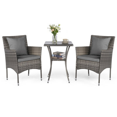 Costway 3 Pcs Patio Wicker Bistro Set W/ 2 Rattan Chairs Outdoor Conversation Furniture Set With Cushions-Grey - image 1