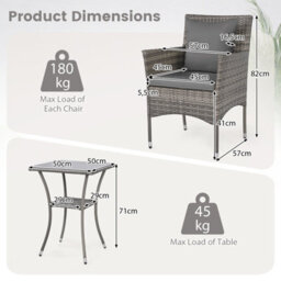 Costway 3 Pcs Patio Wicker Bistro Set W/ 2 Rattan Chairs Outdoor Conversation Furniture Set With Cushions-Grey - thumbnail 2