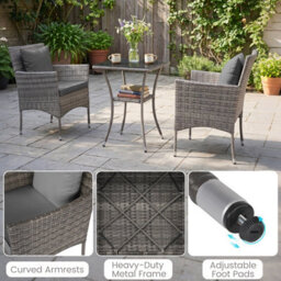 Costway 3 Pcs Patio Wicker Bistro Set W/ 2 Rattan Chairs Outdoor Conversation Furniture Set With Cushions-Grey - thumbnail 3