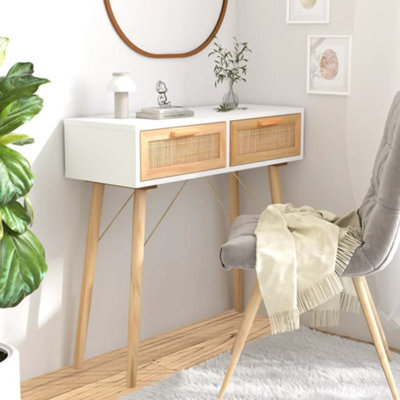 Vidaxl Console Table White 80X30X75 Cm Solid Wood Pine&natural Rattan - image 1