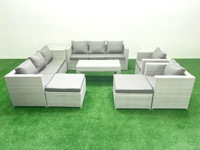 Fimous Outdoor Garden Furniture Rattan Sofa Set 2 Armchairs Oblong Coffee Table 2 Big Stools Side Table Light Grey - image 1