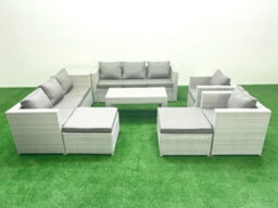 Fimous Outdoor Garden Furniture Rattan Sofa Set 2 Armchairs Oblong Coffee Table 2 Big Stools Side Table Light Grey - thumbnail 2