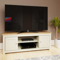 Cream Modern Tv Stand Cabinet 2 Door Entertainment Open Shelf - thumbnail 5