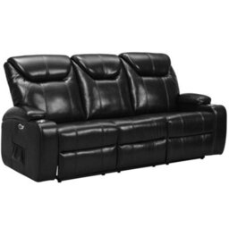 Furniture Instore Cinema Black Electric Leather 3 Seater Recliner Sofa With Two Cup Holders