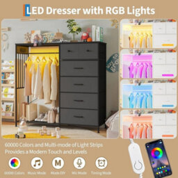 6 Drawer Dresser With Hanging Rack And Led Light For Bedroom - thumbnail 3