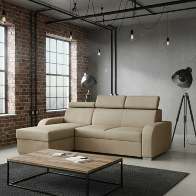 Oslo M 2Rlc Mdf Chipboard Corner Sofa Bed Universal Storage Adjustable Headrests Freestanding Back 235X170X85 Beige - image 1