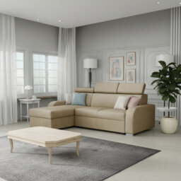 Oslo M 2Rlc Mdf Chipboard Corner Sofa Bed Universal Storage Adjustable Headrests Freestanding Back 235X170X85 Beige - thumbnail 2