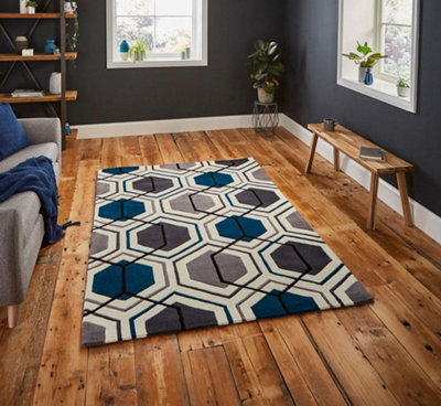 Grey/navy Handmade Modern Geometric Easy To Clean Rug For Bedroom & Living Room-120Cm X 170Cm - image 1