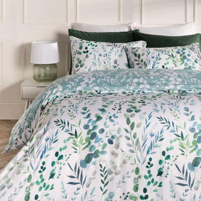 Ohs Watercolour Floral Reversible Bedding Set Duvet Cover With Pillowcase - Green - image 1