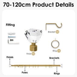 Oxford Homeware Satin Antique Brass Effect Extendable Curtain Pole With Metal Crystal Finials, (L)700mm-1200mm (Dia)28mm - thumbnail 4