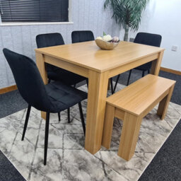 Kosy Koala Oak Effect Dining Table Set With 4 Black Velvet Chairs And Bench Dining Room Furniture - thumbnail 7