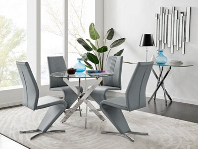 Furniturebox Novara Clear Tempered Glass 100Cm Round Dining Table With Chrome Starburst Legs & 4 Grey Willow Faux Leather Chairs - image 1