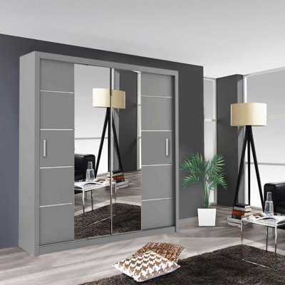 Modern Oslo Mirror Sliding Door Wardrobe With Hanging Rails & Shelves (Grey, 150Cm) - image 1