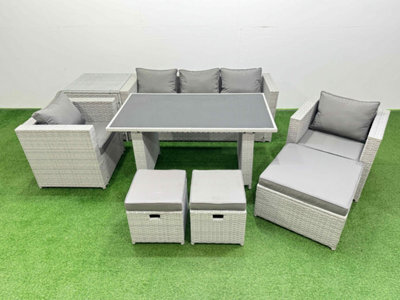 Fimous Patio Garden Furniture Sets With Black Glass Top Dining Table Armchair 3 Seater Sofa Side Table 3 Stool Light Grey - image 1