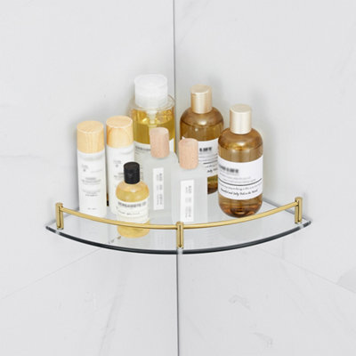 Living And Home 2 Pcs Golden Glass Corner Shelf For Shower Bathroom Wall Mounted 6mm Tempered Glass - image 1