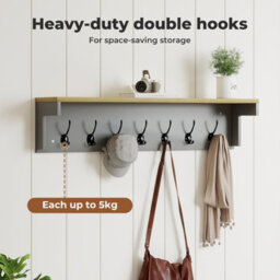 Levede Coat Rack Wall Mounted Shelf 7 Double Hooks Storage Entryway Hallway - thumbnail 5