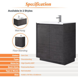 Plum&clay Matterhorn Dark Oak Floor Standing Bathroom Vanity Unit With White Basin (W)750mm (H)850mm - thumbnail 4