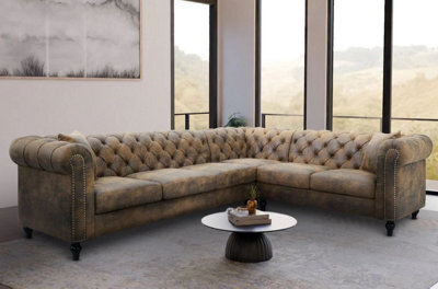 Chesterfield Corner Sofa With Wooden Feet In Faux Leather Suede Brown 3C2 Sofa - image 1