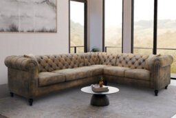 Chesterfield Corner Sofa With Wooden Feet In Faux Leather Suede Brown 3C2 Sofa - thumbnail 2