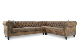 Chesterfield Corner Sofa With Wooden Feet In Faux Leather Suede Brown 3C2 Sofa - thumbnail 4