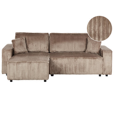 Beliani Corner Sofa Bed 3 Seater Abacka Corduroy Light Brown With Storage Right Hand - image 1