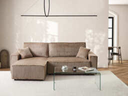 Beliani Corner Sofa Bed 3 Seater Abacka Corduroy Light Brown With Storage Right Hand - thumbnail 2