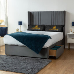 UKBEDFURNITURE Skyline Steel Plush Wingback Divan Bed With 2 Foot End Drawers & 54 Inch Headboard - thumbnail 1