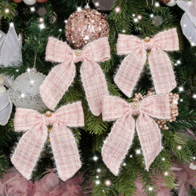 Melody Maison Set Of 4 Pink Tartan Boucle Jewelled Christmas Bow Decorations - image 1
