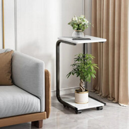 White+Black Mobile C-Shaped Side Table With Wheels 2-Tier Marble Effect Rolling End Table - thumbnail 6
