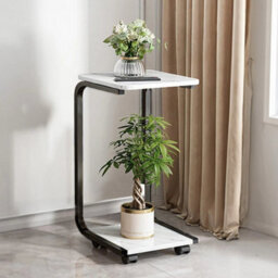 White+Black Mobile C-Shaped Side Table With Wheels 2-Tier Marble Effect Rolling End Table - thumbnail 1