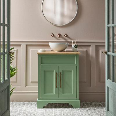 Homestylestore Pastel Green And Oak 645mm Bathroom Vanity Unit With Round Countertop Basin And Brushed Copper T Bar Handles - image 1