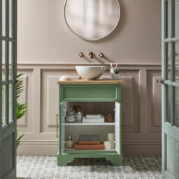 Homestylestore Pastel Green And Oak 645mm Bathroom Vanity Unit With Round Countertop Basin And Brushed Copper T Bar Handles - thumbnail 2
