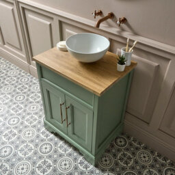 Homestylestore Pastel Green And Oak 645mm Bathroom Vanity Unit With Round Countertop Basin And Brushed Copper T Bar Handles - thumbnail 3