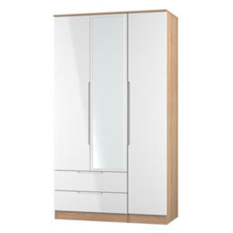 Messina Ready Assembled Modern White & Oak Effect 2 Drawer Tall Triple Wardrobe With 1 Mirror Door (H)1970mm (W)1110mm (D)530mm