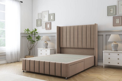 "Sloomy Melbourne Mink Plush Divan Bed Base 2 Drawers Foot-End - 54"" Wingback Headboard & 12"" Footboard 4' Small Double" - image 1