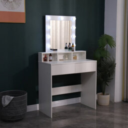 Thehotsale White Modern Makeup Desk Set With Led Light Mirror And 2 Drawers - thumbnail 2