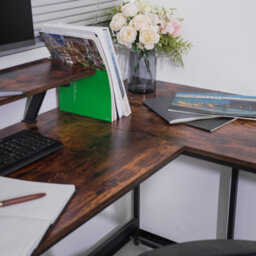 Abrihome L Computer Desk With Self Corner Desk Work Table Home Office Table, Brown - thumbnail 6