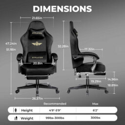 Gtplayer Fabric Gaming Chair, Ergonomic Height Adjustable Computer Chair With Footrest And Lumbar Support, Black - thumbnail 3